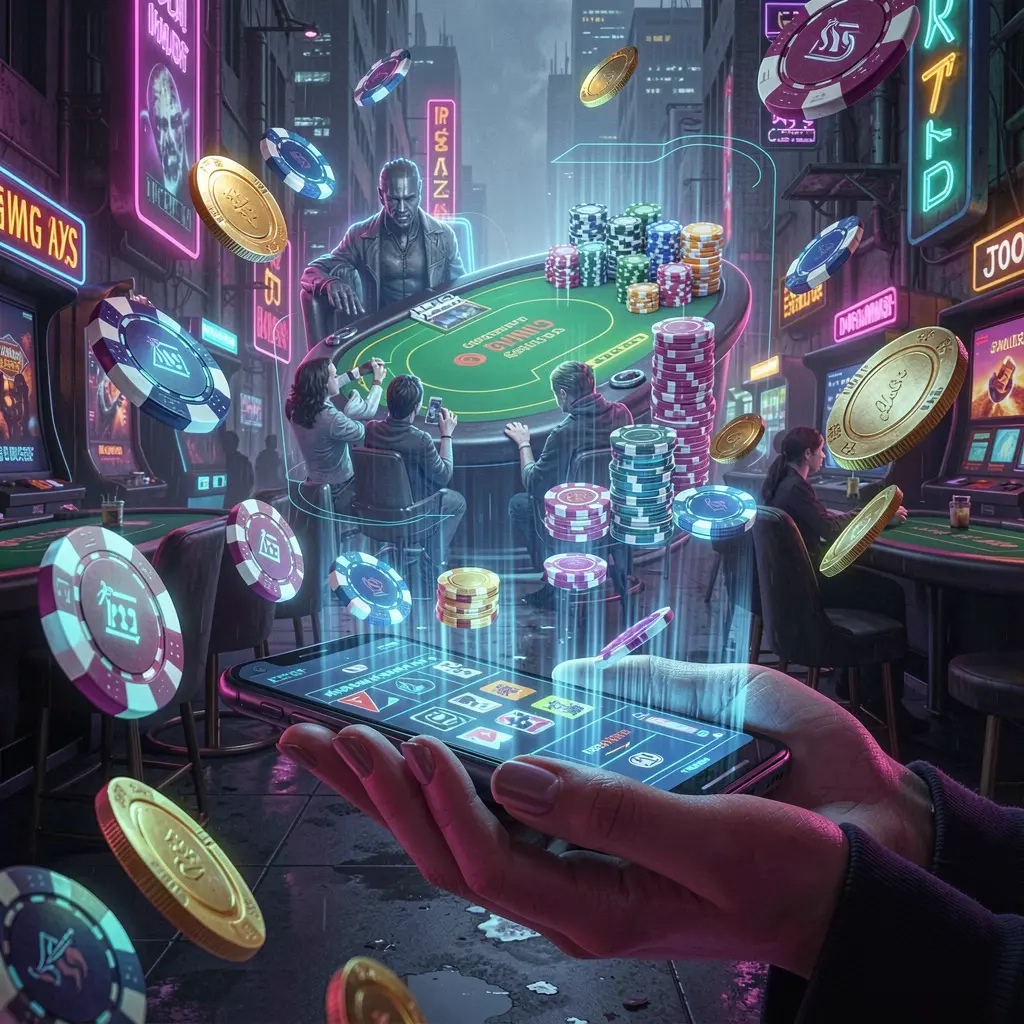Futuristic casino interface with glowing chips and digital effects displayed on a smartphone showcasing the LEOJILI999 mobile casino app in the Philippines